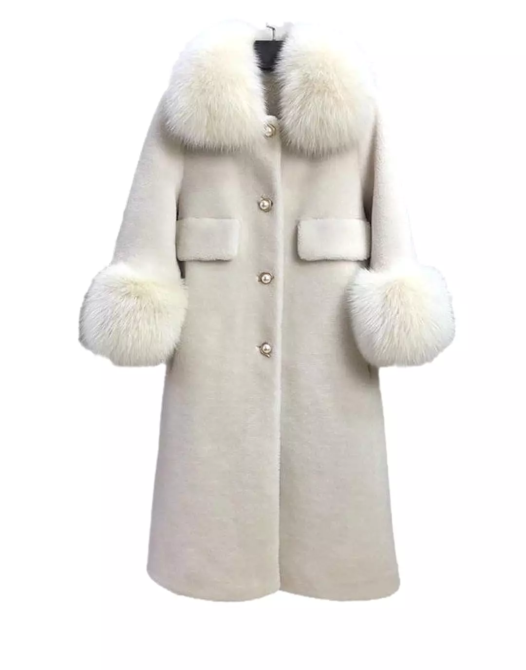 Loose Wool Coat With Fur And Pearl Trims