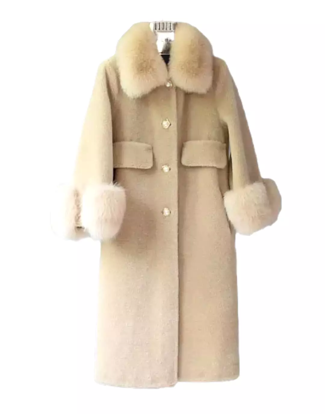 Loose Wool Coat With Fur And Pearl Trims