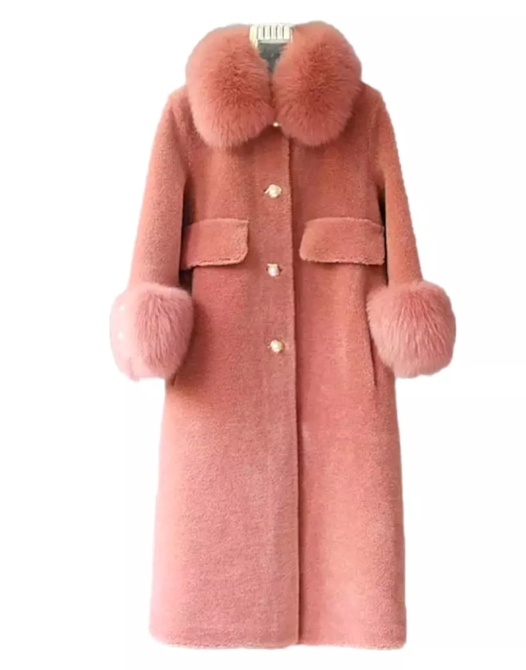 Loose Wool Coat With Fur And Pearl Trims