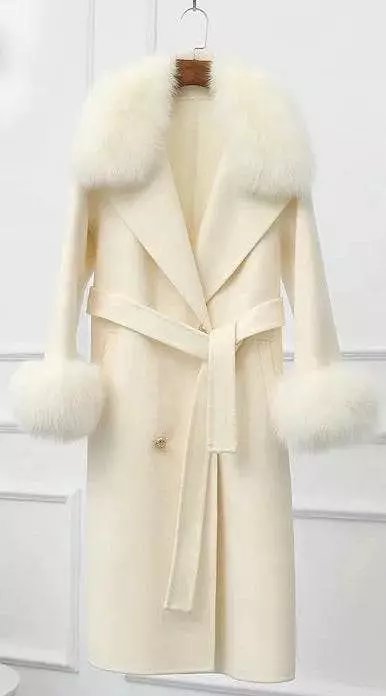 Lux Double Sided Cashmere Fox Fur Trim Midi Coat