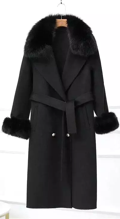 Lux Double Sided Cashmere Fox Fur Trim Midi Coat