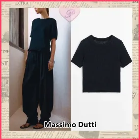 Massimo Dutti  |Casual Style Linen Short Sleeves V-neck & Crew neck