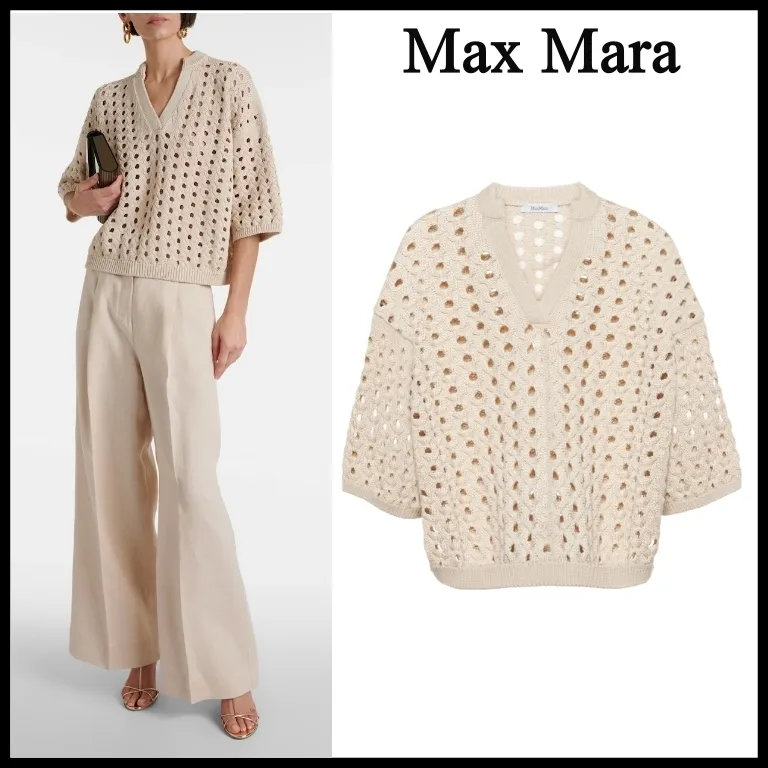 MaxMara  |Casual Style Plain Cotton Short Sleeves Elegant Style