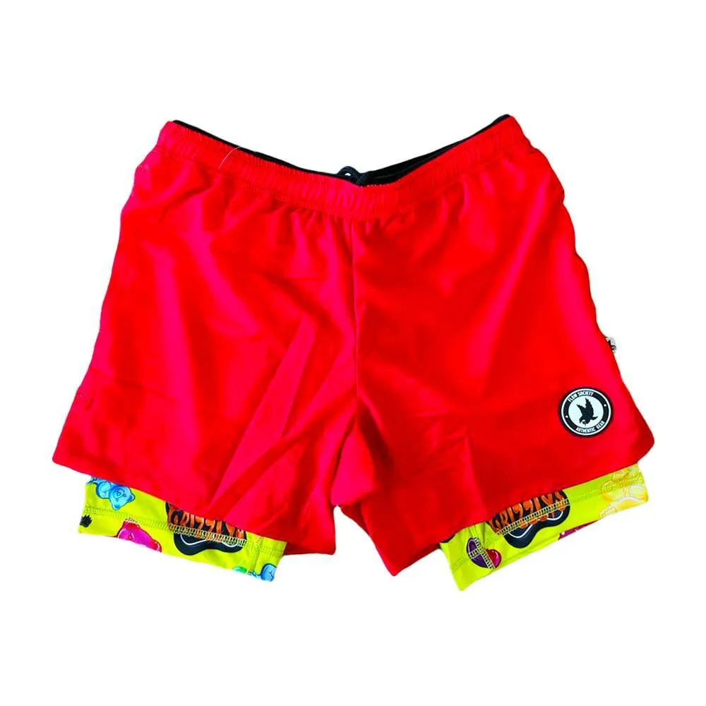 Mens 2-1 Solid Compression Red with Grizzly Paddle Liner 7 Short