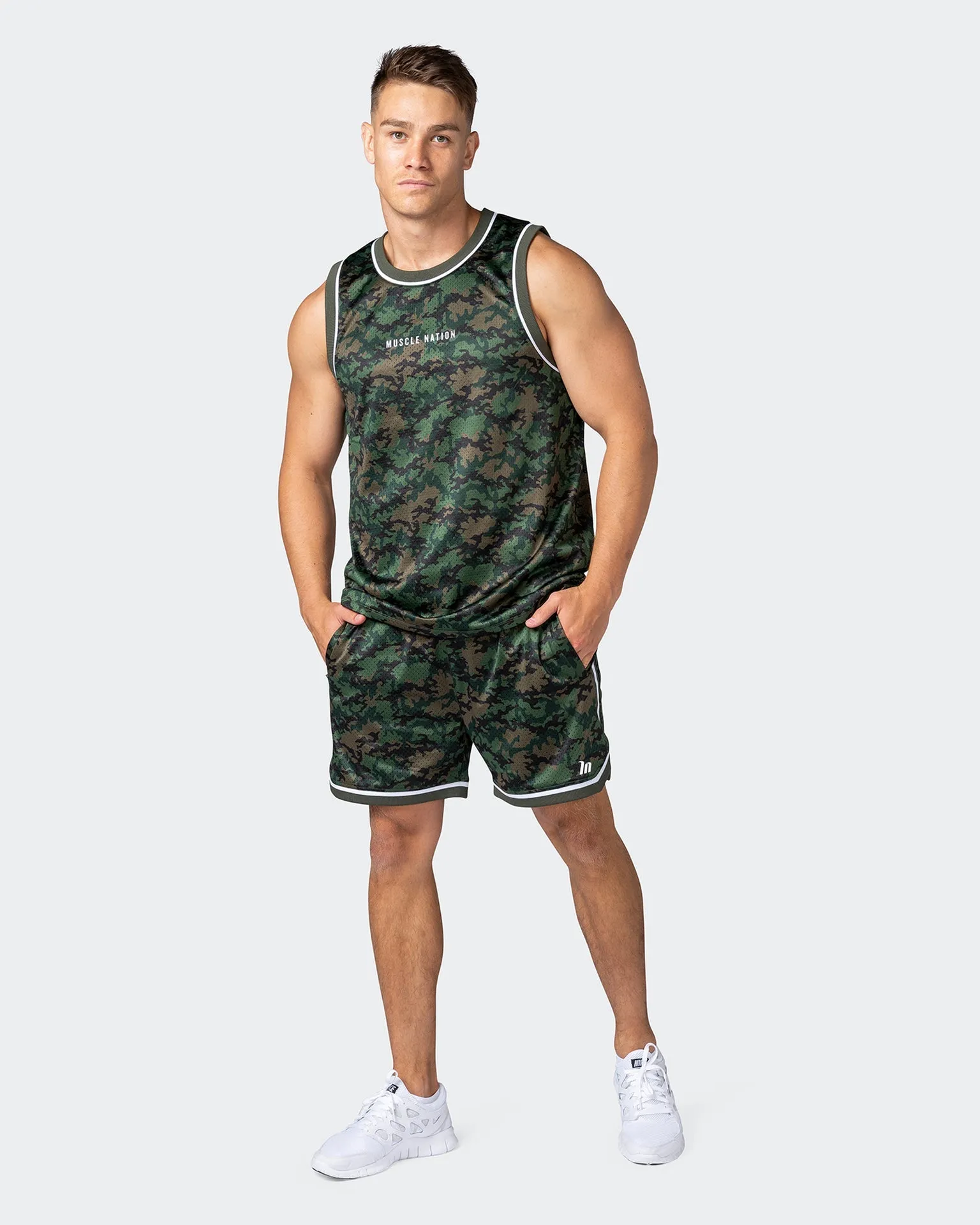 Mens 5 Basketball Shorts - Dark Khaki Camo Print