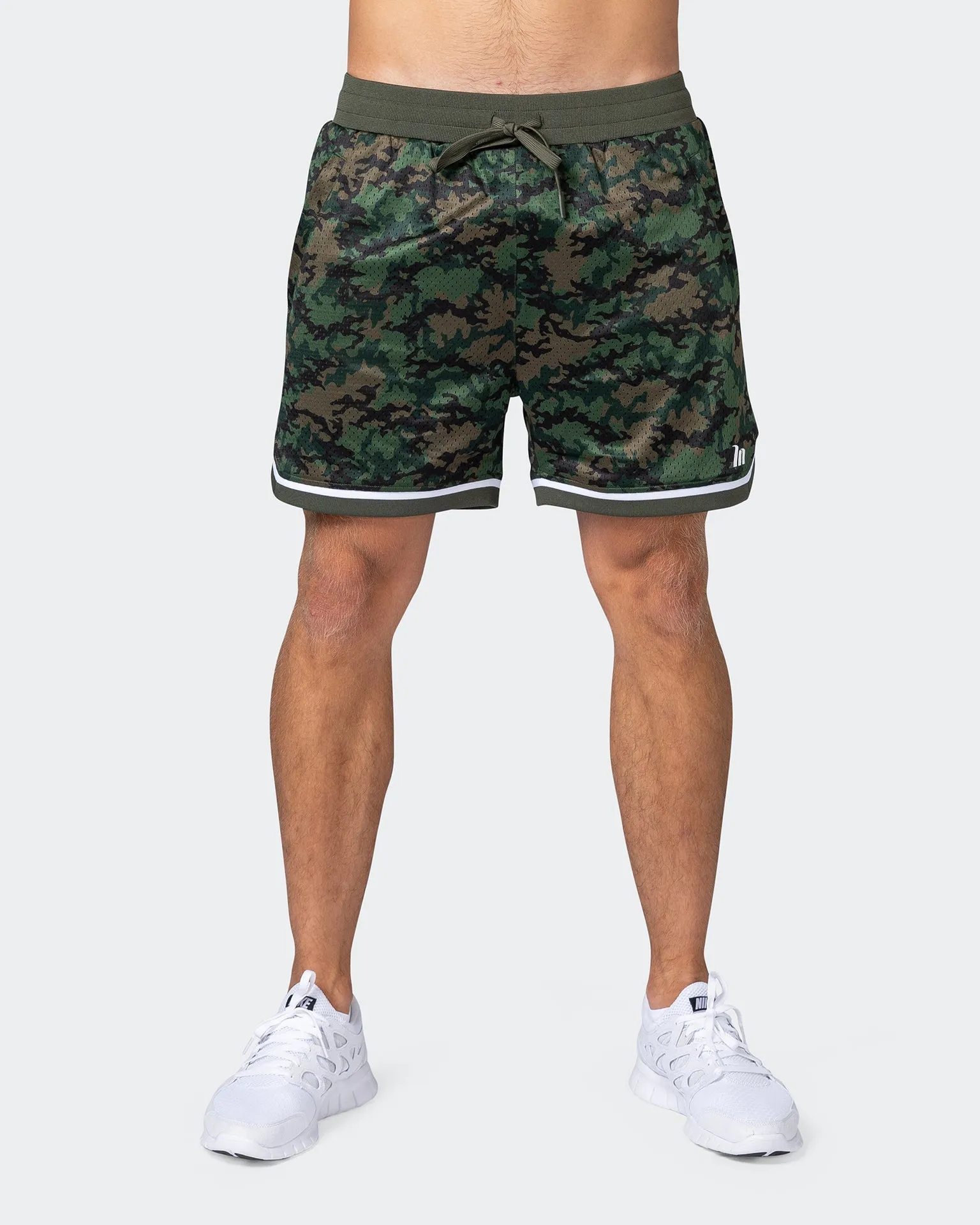 Mens 5 Basketball Shorts - Dark Khaki Camo Print