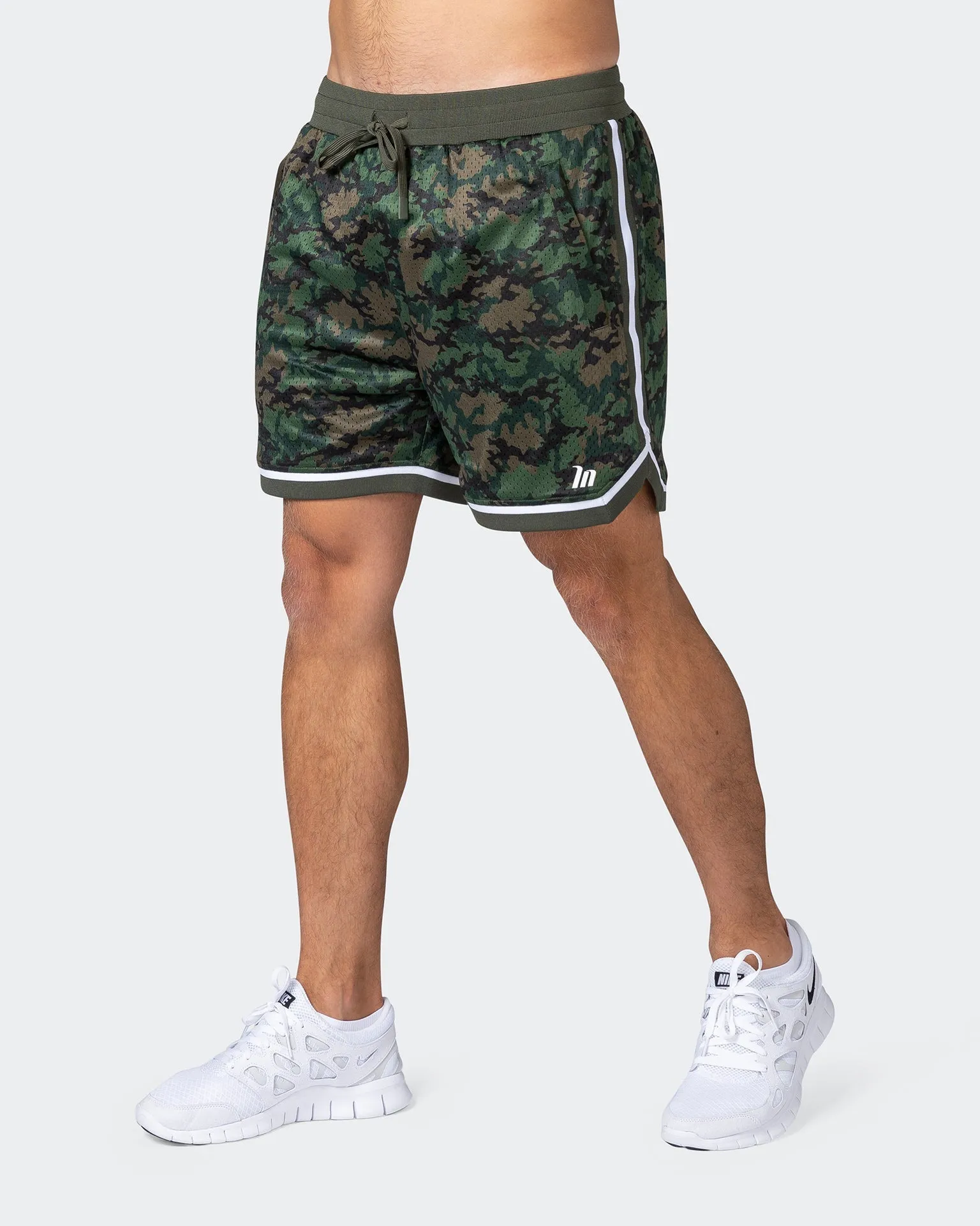 Mens 5 Basketball Shorts - Dark Khaki Camo Print