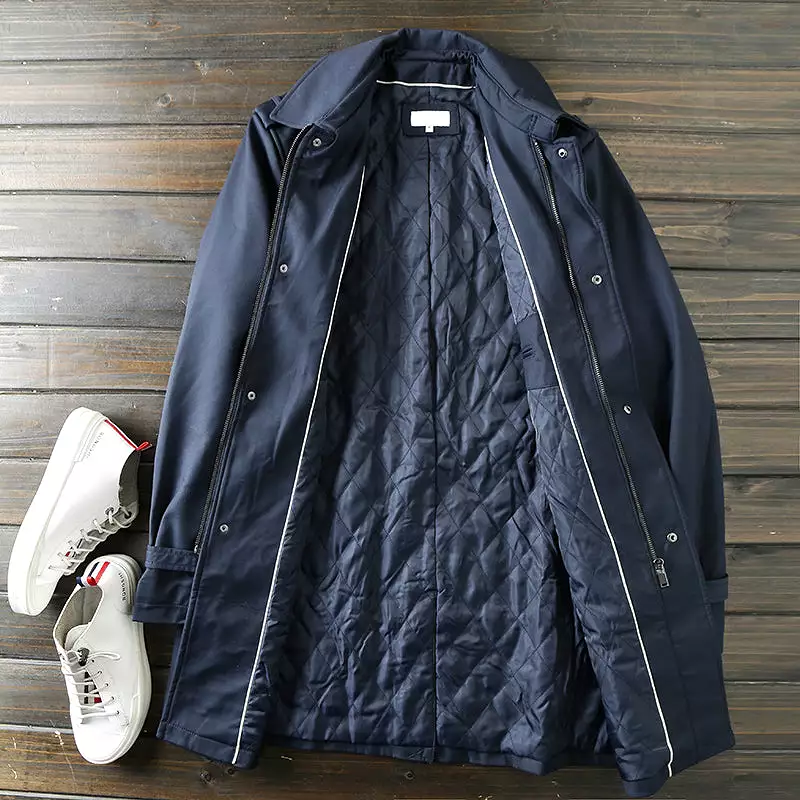 Mens Quilting Lining autumn and winter casual lapel mid-length windbreaker jacket trench coat