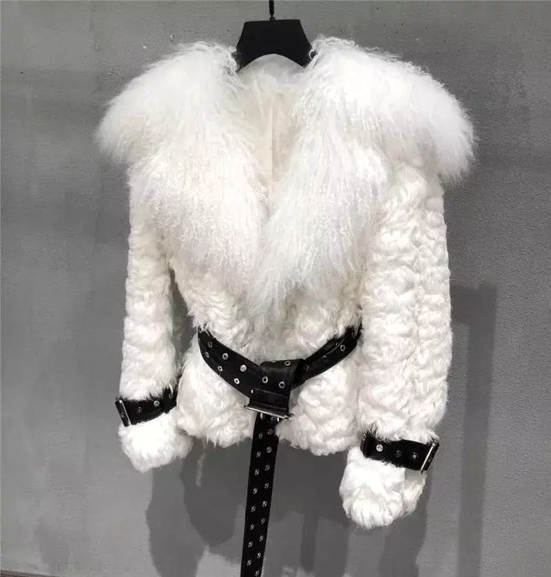 Mongalian Lamb Fur Sheepskin Leather Belted Coat