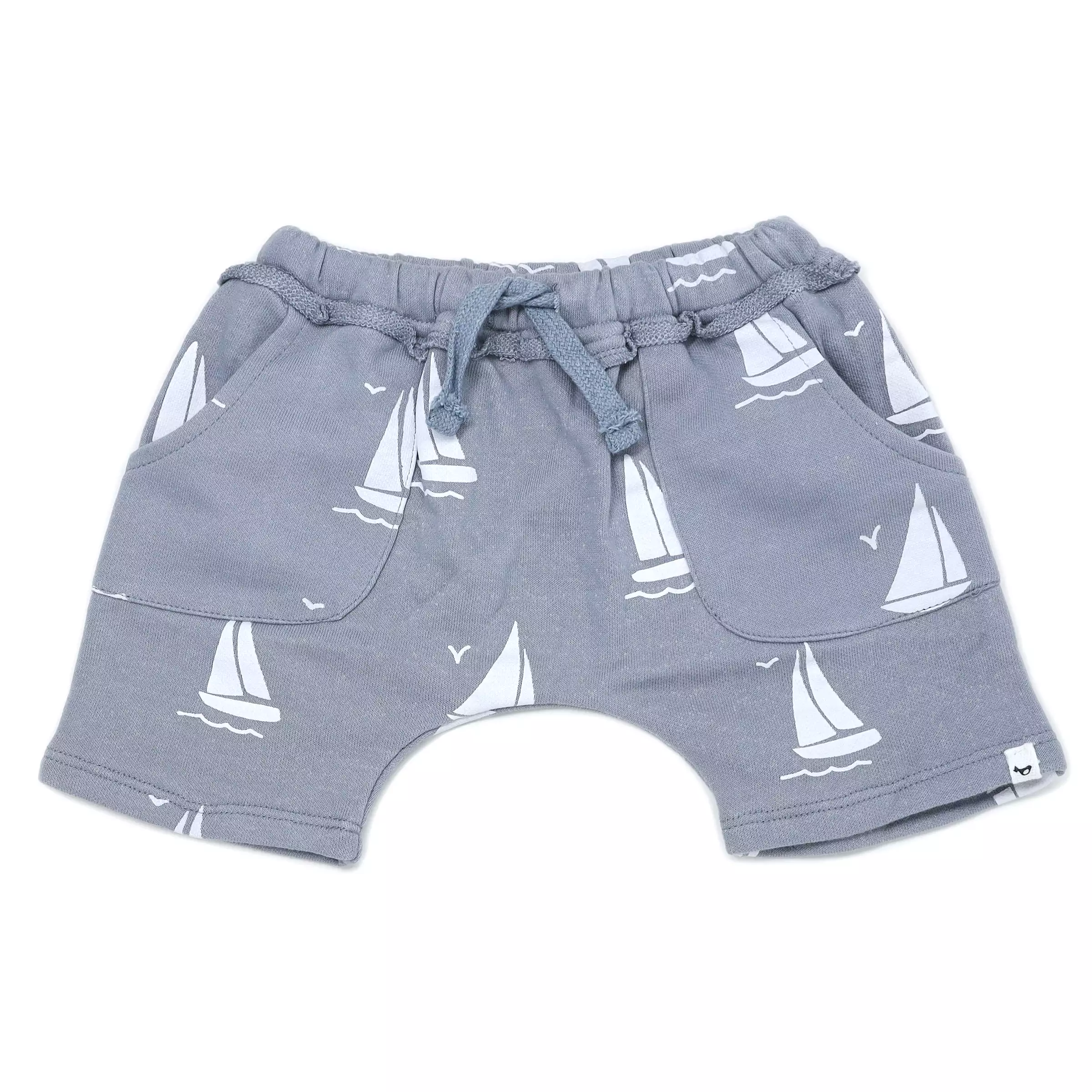 oh baby! Cotton French Terry Pocket Shorts - Sailboat Print - Fog