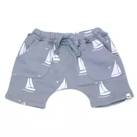 oh baby! Cotton French Terry Pocket Shorts - Sailboat Print - Fog