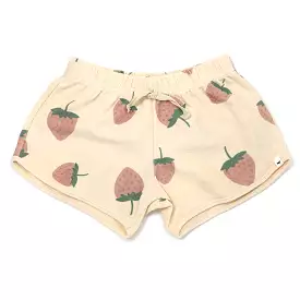 oh baby! Cotton Terry Girls Track Shorts - Strawberry Print - Natural