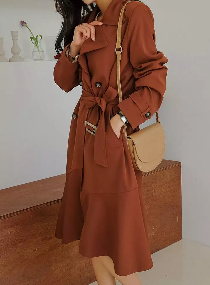 Pink Brown Sheer Flared Classic Double Breasted Trench Coats Belted For Womens Long Outerwear Spring Autumn Korean Drama Fashion