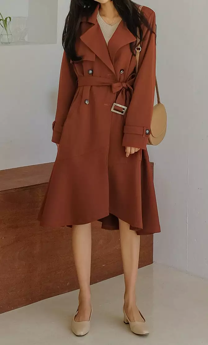 Pink Brown Sheer Flared Classic Double Breasted Trench Coats Belted For Womens Long Outerwear Spring Autumn Korean Drama Fashion