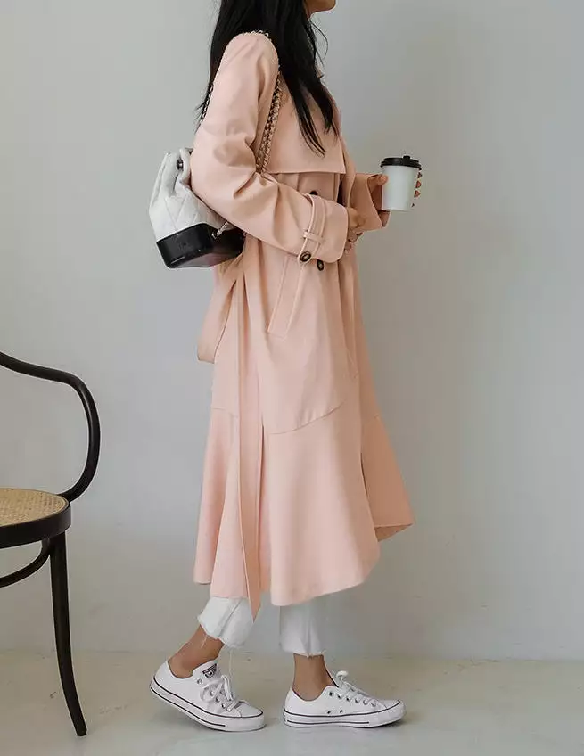 Pink Brown Sheer Flared Classic Double Breasted Trench Coats Belted For Womens Long Outerwear Spring Autumn Korean Drama Fashion