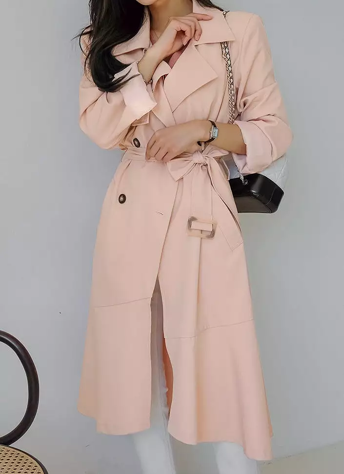 Pink Brown Sheer Flared Classic Double Breasted Trench Coats Belted For Womens Long Outerwear Spring Autumn Korean Drama Fashion