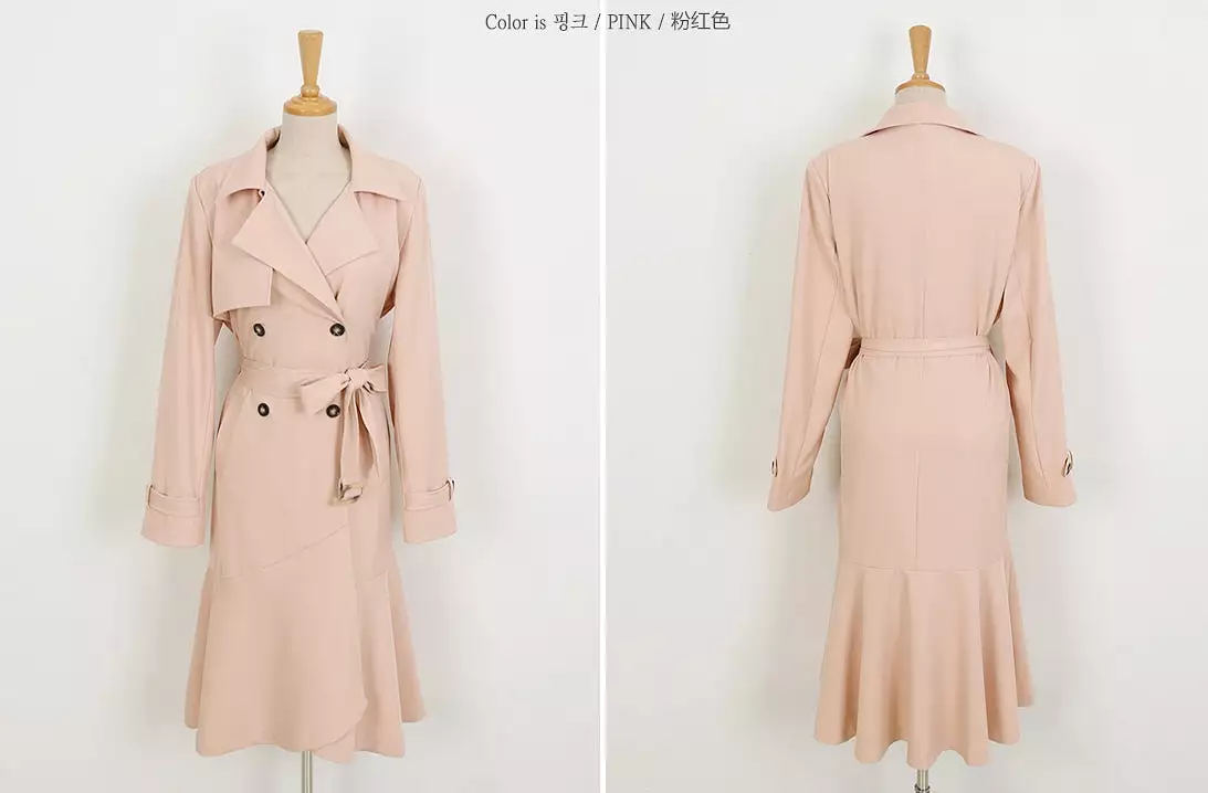 Pink Brown Sheer Flared Classic Double Breasted Trench Coats Belted For Womens Long Outerwear Spring Autumn Korean Drama Fashion