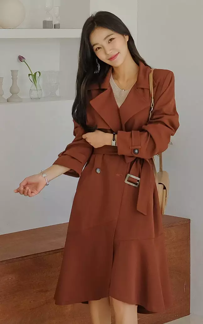 Pink Brown Sheer Flared Classic Double Breasted Trench Coats Belted For Womens Long Outerwear Spring Autumn Korean Drama Fashion