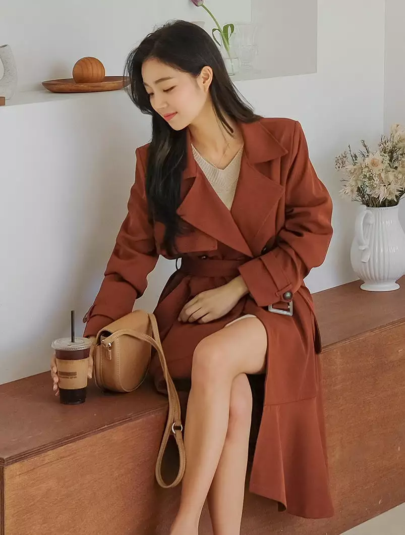 Pink Brown Sheer Flared Classic Double Breasted Trench Coats Belted For Womens Long Outerwear Spring Autumn Korean Drama Fashion