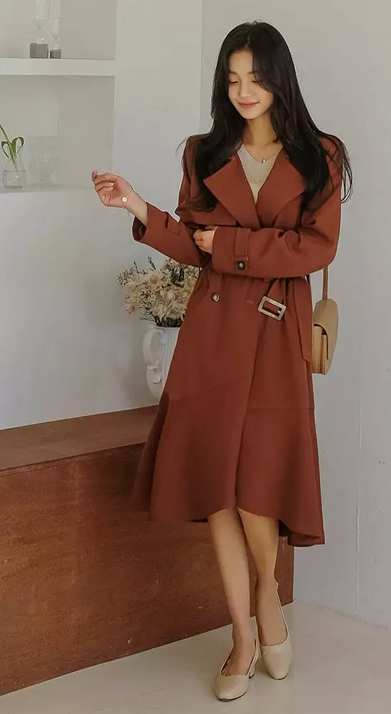 Pink Brown Sheer Flared Classic Double Breasted Trench Coats Belted For Womens Long Outerwear Spring Autumn Korean Drama Fashion