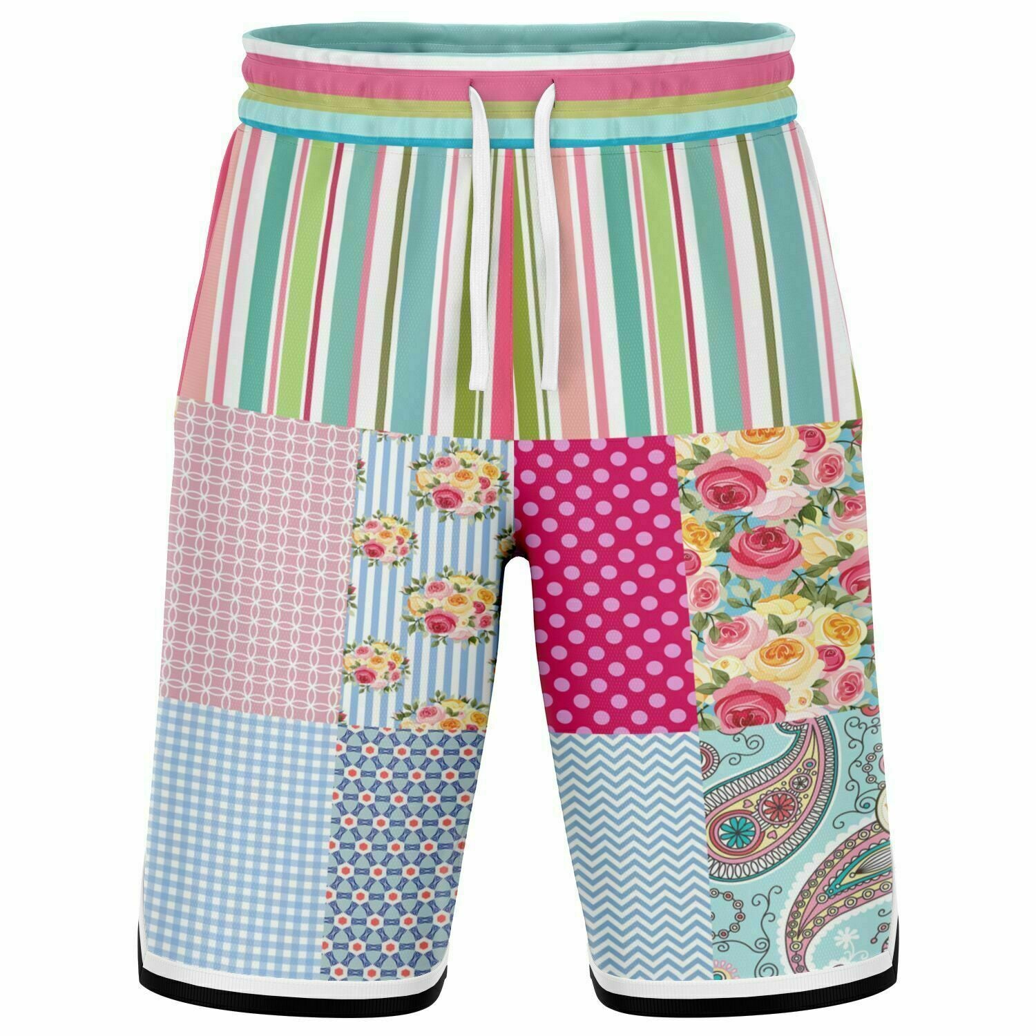 Pink Sherbert Floral Patchwork Plaid Basketball Shorts