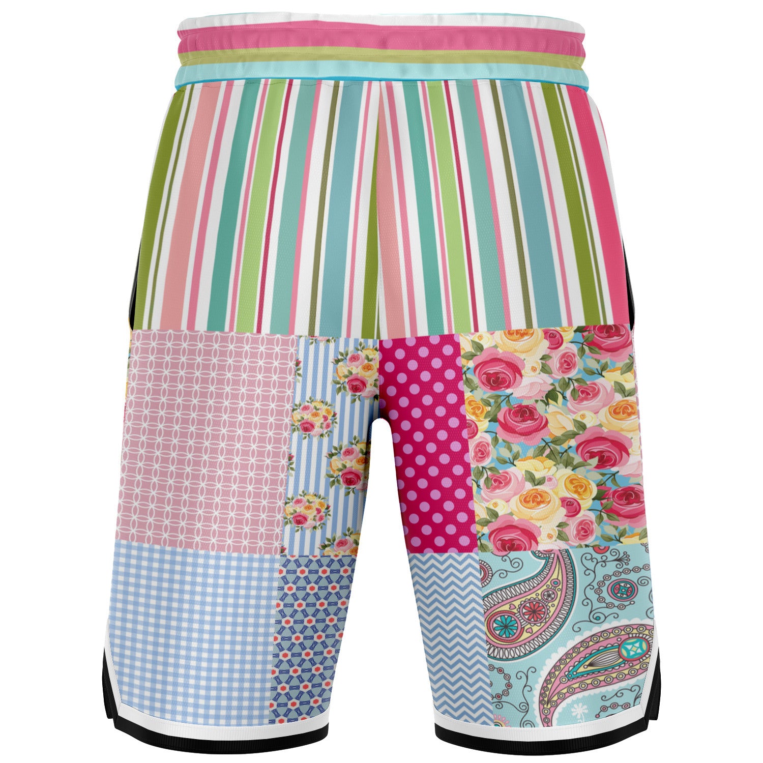 Pink Sherbert Floral Patchwork Plaid Basketball Shorts