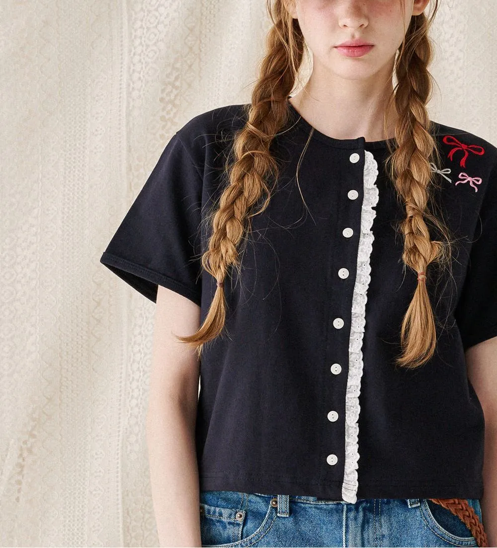 RONRON  |Casual Style Street Style Bi-color Plain Short Sleeves Lace