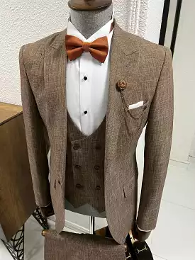 Slim Fit Pointed Collar Brown Tuxedo Vest Suit