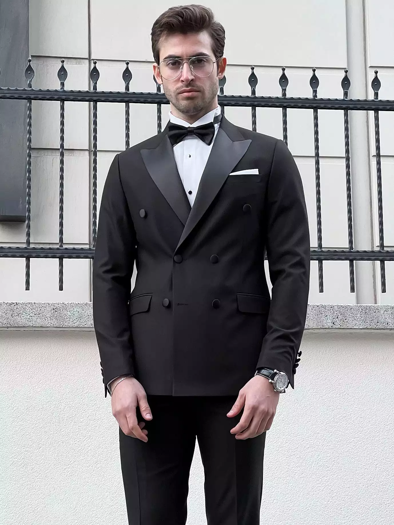 Slim Fit Pointed Collar Double Breasted Black Tuxedo