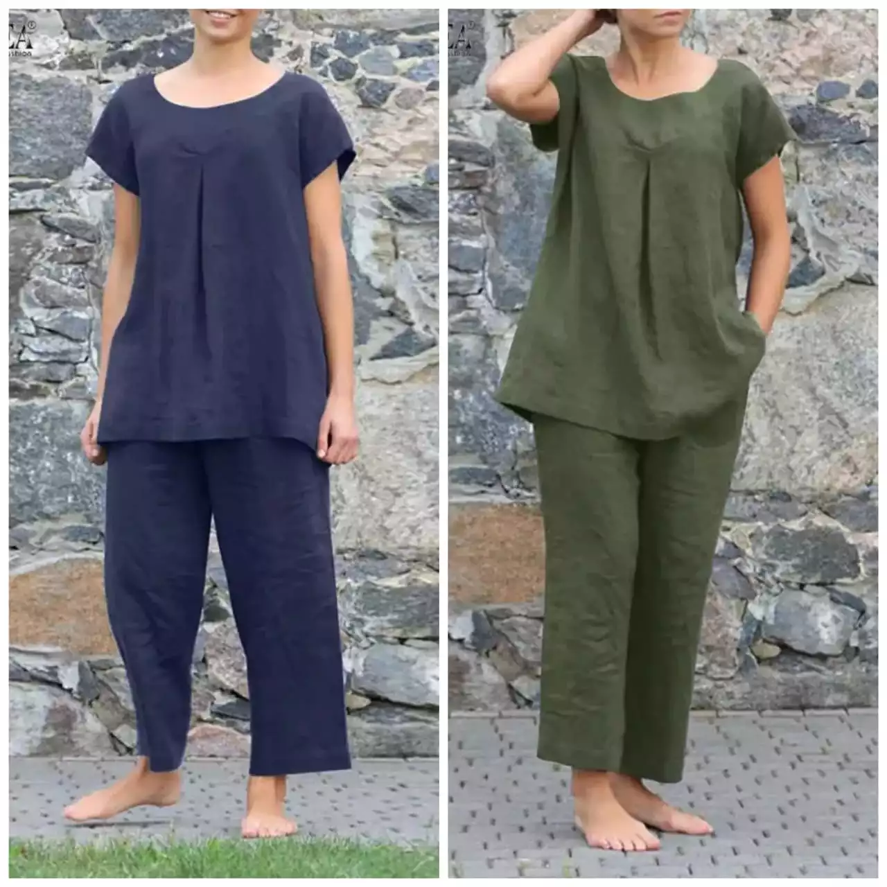 Solid Color Short Sleeve Top and Pant Set