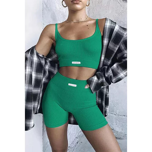 Solid Color Tight & Sleeveless Crop Top Set