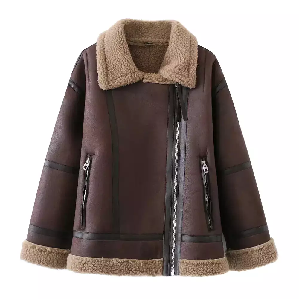 Thick Warm Winter Fur Faux Leather Motorcycle Oversized Jacket Coat