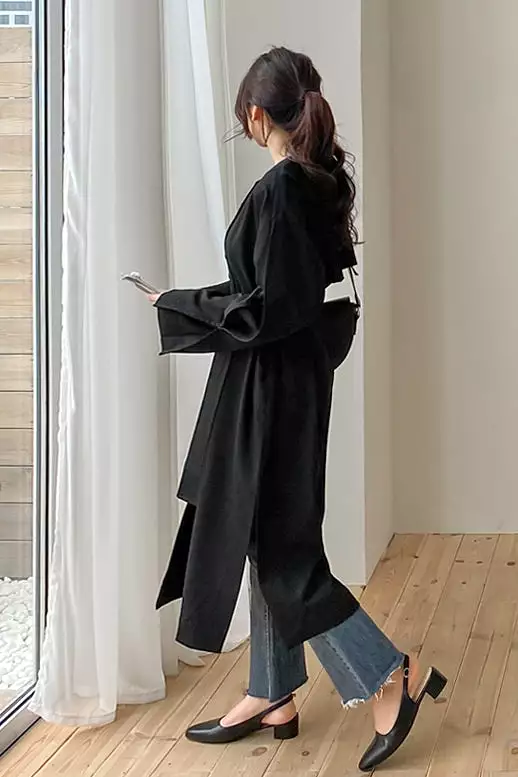 White Black Two-way wear Sophisticated Sheer Long Trench Coats Belted For Womens Loose Fit Outerwear Spring Autumn Korean Drama 