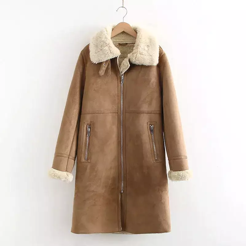 Winter Trench Faux Shearling Sheepskin Leather Lamb Fur Coat