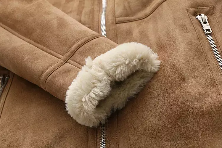 Winter Trench Faux Shearling Sheepskin Leather Lamb Fur Coat