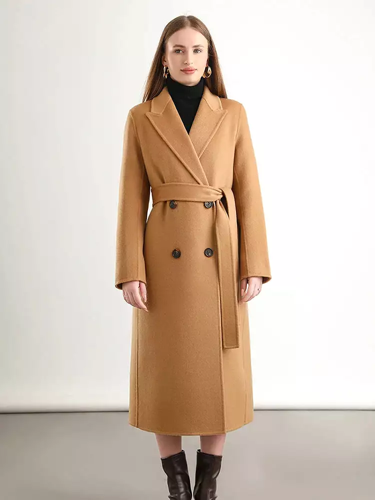 Women 100% Wool Overcoat Belt Double-Breasted Autumn Winter Long Jacket Trench Coat