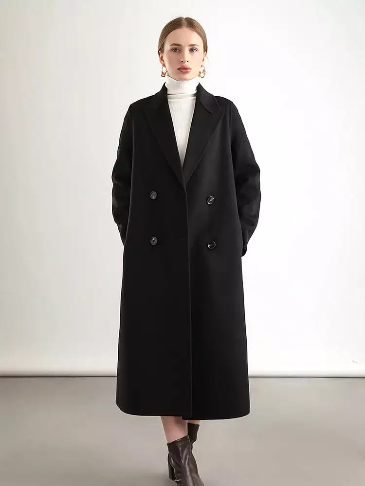 Women 100% Wool Overcoat Belt Double-Breasted Autumn Winter Long Jacket Trench Coat