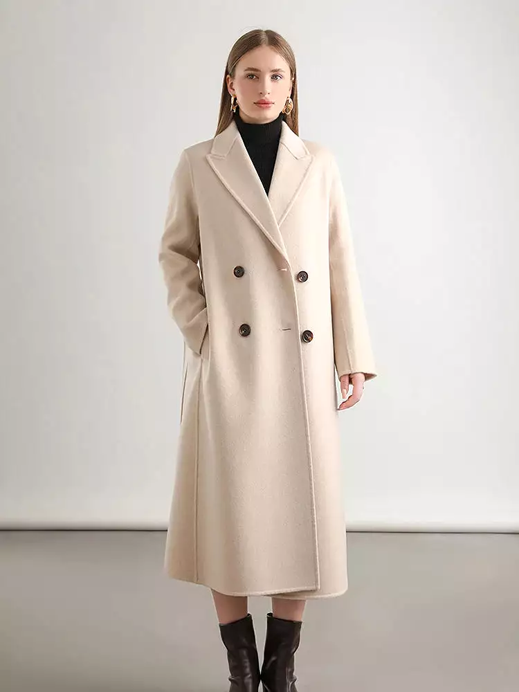 Women 100% Wool Overcoat Belt Double-Breasted Autumn Winter Long Jacket Trench Coat