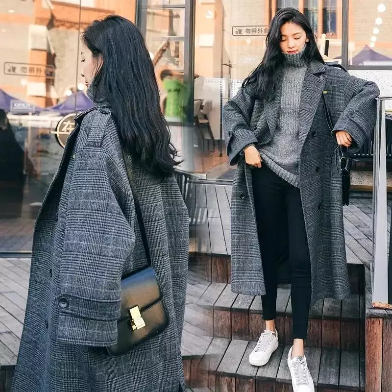 Women Coat Plaid Tweed Wool Warm Long Jackets Female Overcoat