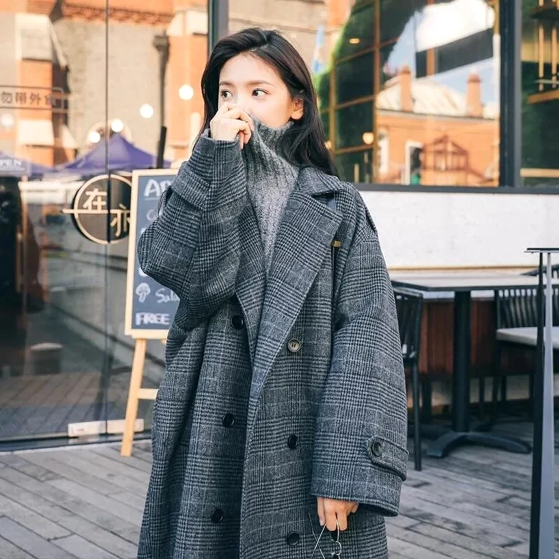 Women Coat Plaid Tweed Wool Warm Long Jackets Female Overcoat