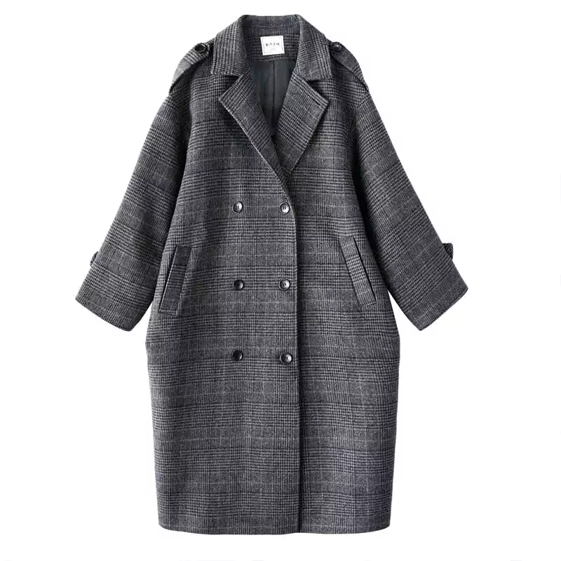 Women Coat Plaid Tweed Wool Warm Long Jackets Female Overcoat