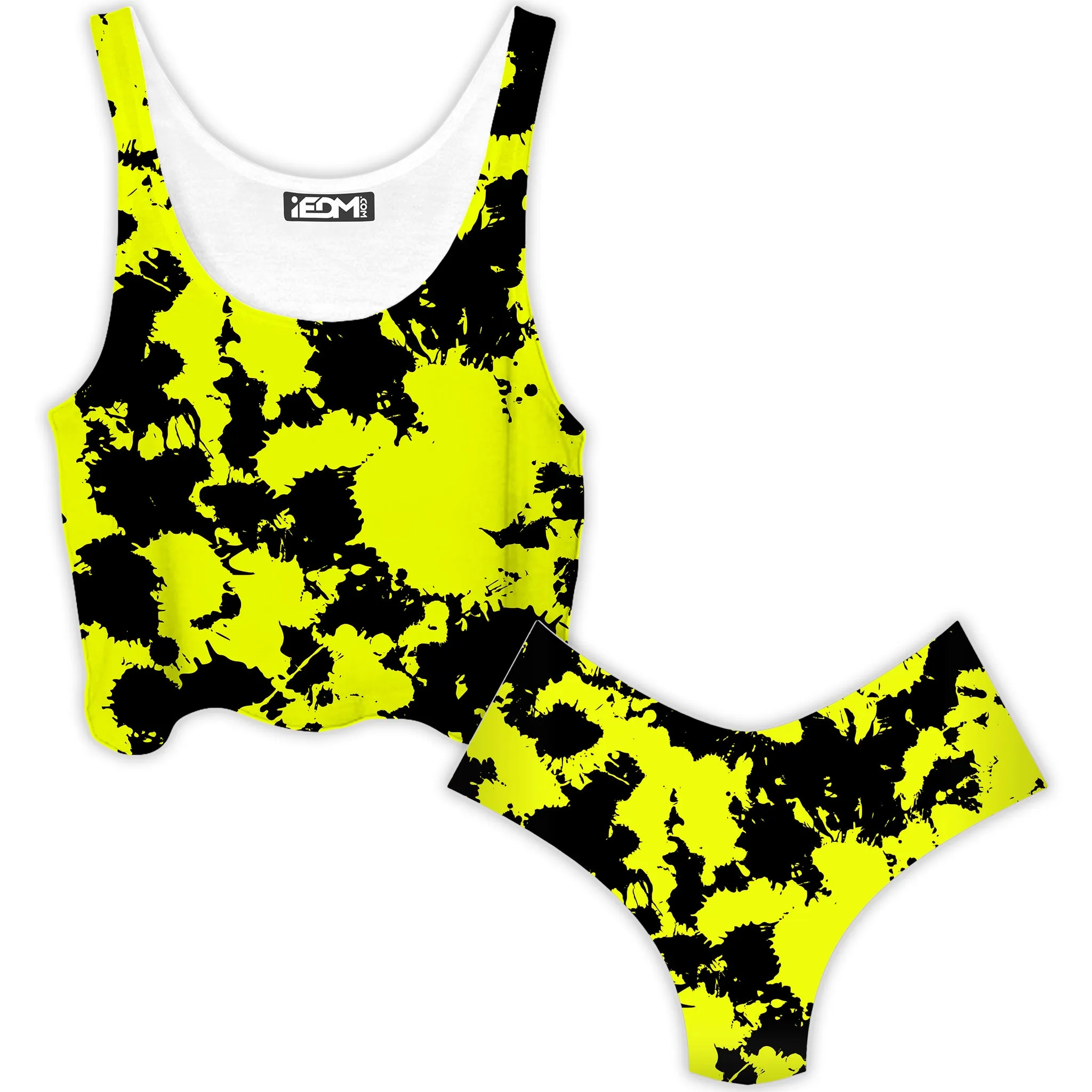 Yellow and Black Paint Splatter Crop Top and Booty Shorts Combo